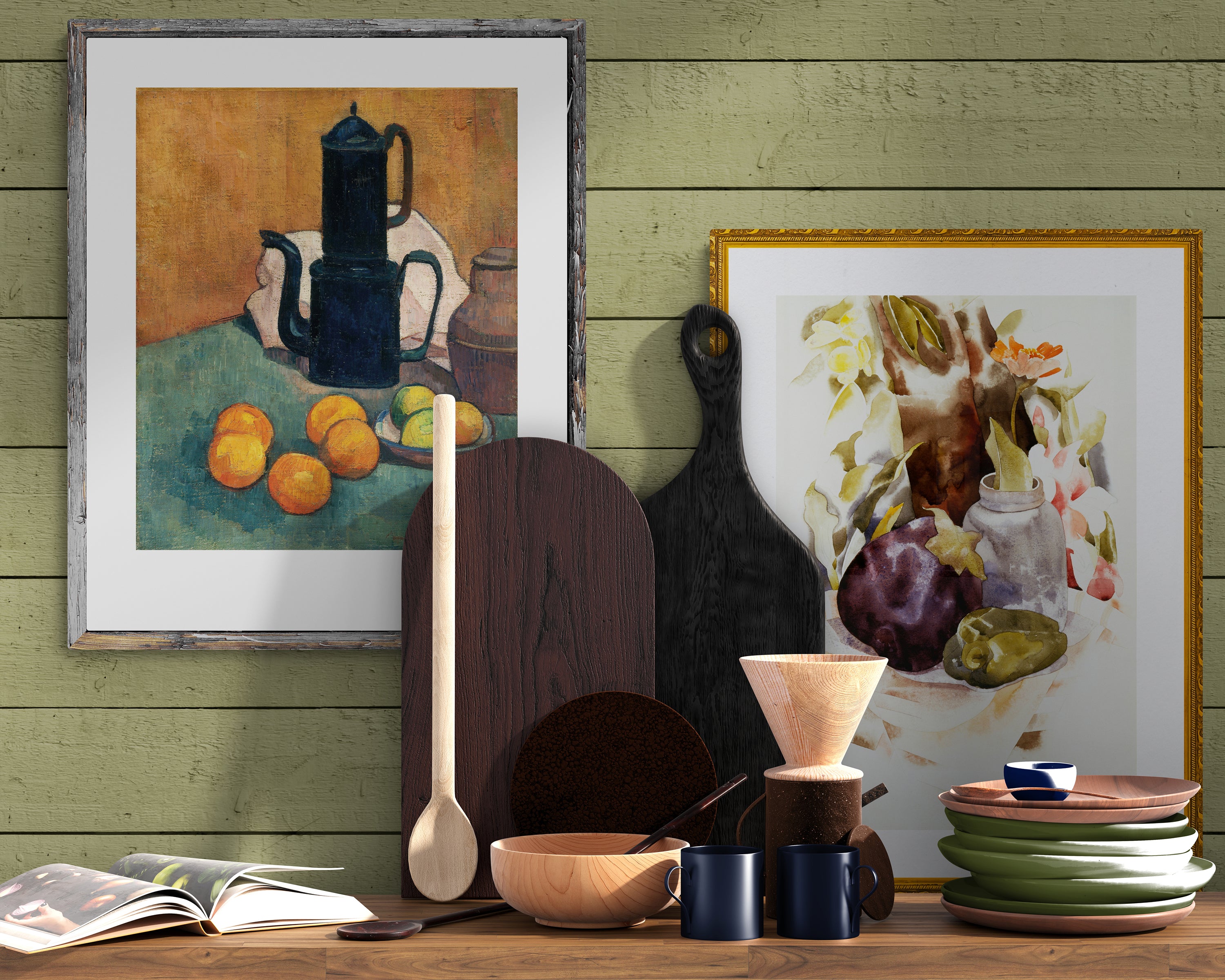 Rustic kitchen corner with a wooden countertop, textured green walls, and a framed still-life painting of a coffee pot and fruit.