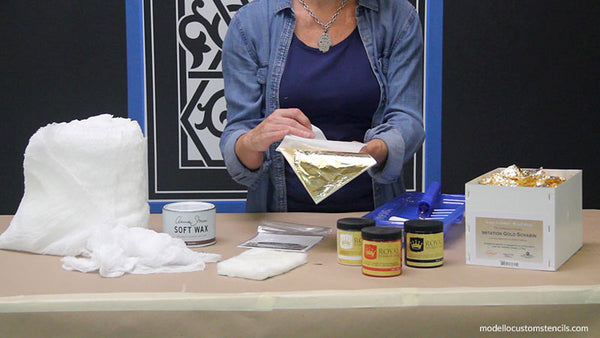 Supplies for using Metal gold leaf with a Modello custom vinyl stencil