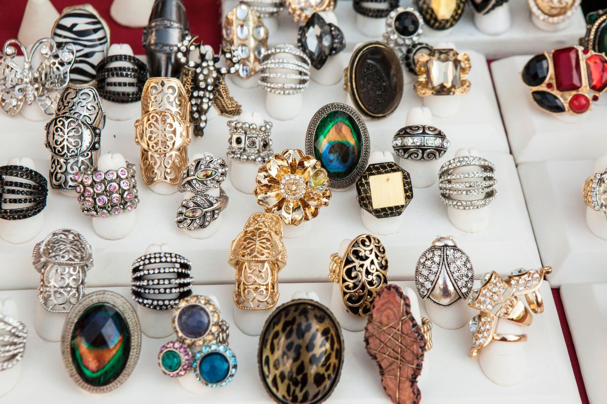 A beautiful collection of costume jewelry rings.