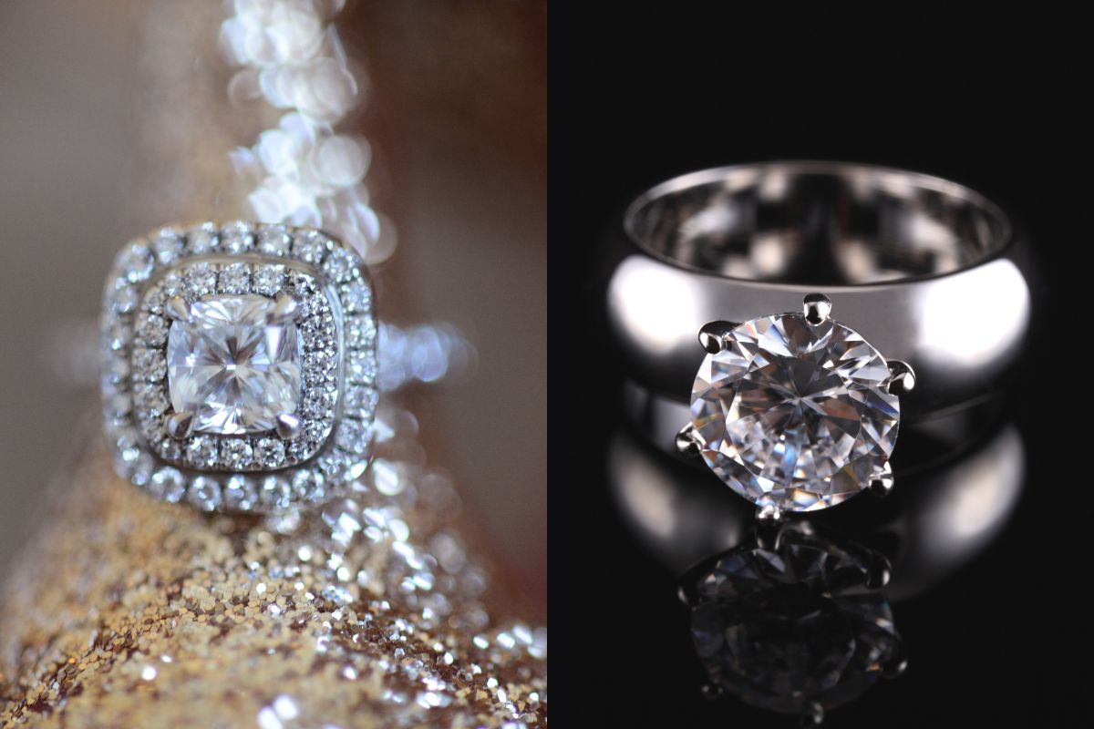 Halo setting diamond ring on left side and pave setting diamond ring on the right side of the image.
