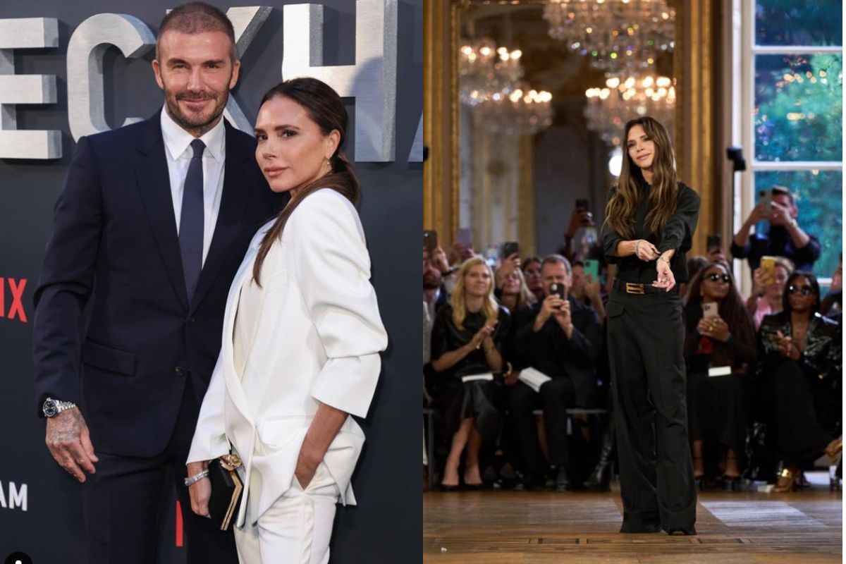 On the left side of the picture is Victoria Beckham alongside David Beckham, while on the right side is her during a fashion show.