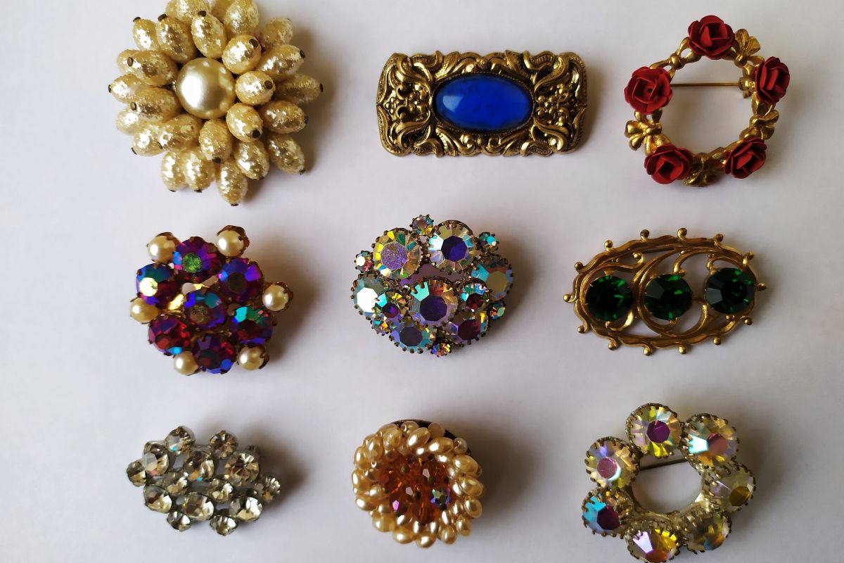 Vintage pins made from costume jewelry.