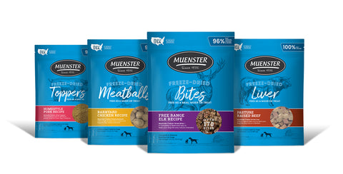 Muenster's Freeze-Dried product line of meatball treats, protein toppers, protein bites and liver treats