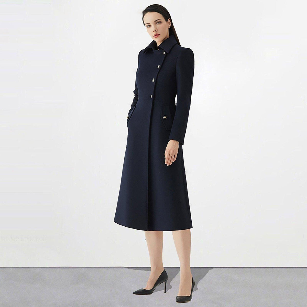 Women Wool Mid-Length Coat,Stewardess business wear,Plus Size Wool Overcoat,Black  Wool Coat,Navyblue Wool Trench Coat,Custom Wool Coat Women