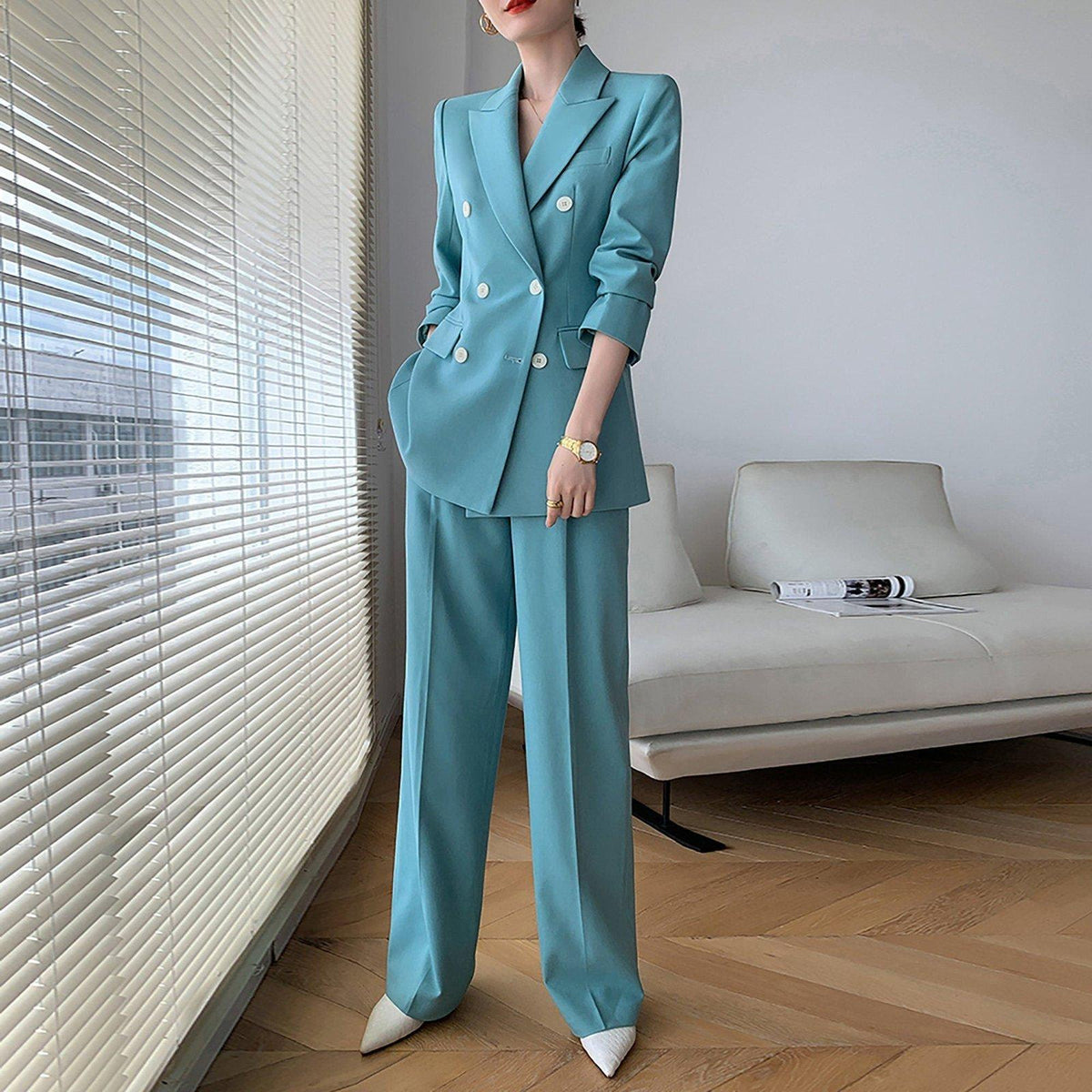 Blue Two Piece Linen Suit. Women Wedding Guest Suit. Single Breasted Blazer  Lapel Long Sleeves Pantsuit. Cotton Blazer and Trousers Set 