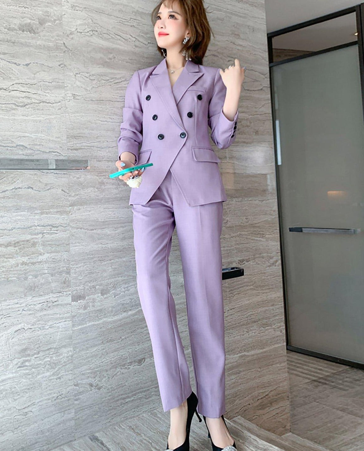 2 PCs Purple Women Suits Blazer+Pants for Work Pantsuit for