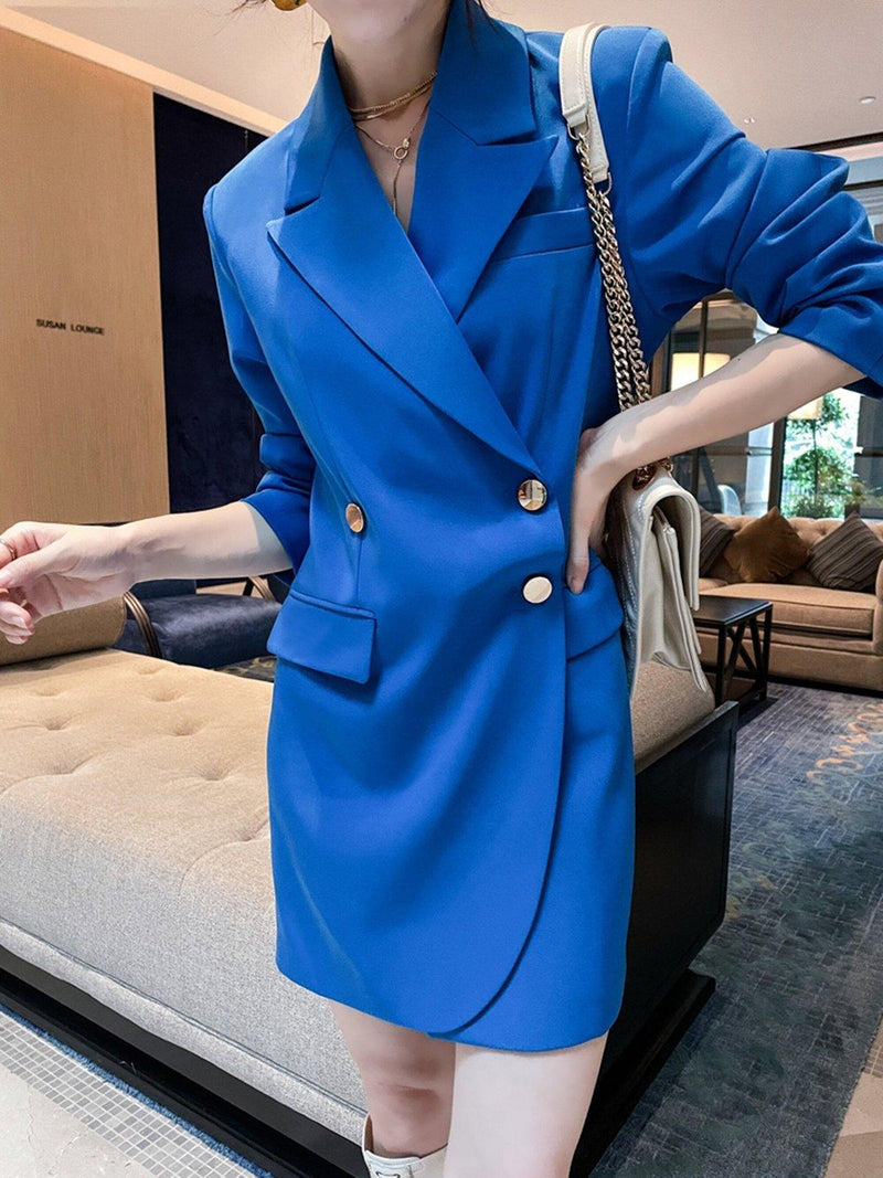 Women's Autumn folds asymmetrical Trench Dress Coat,Blue Double breast