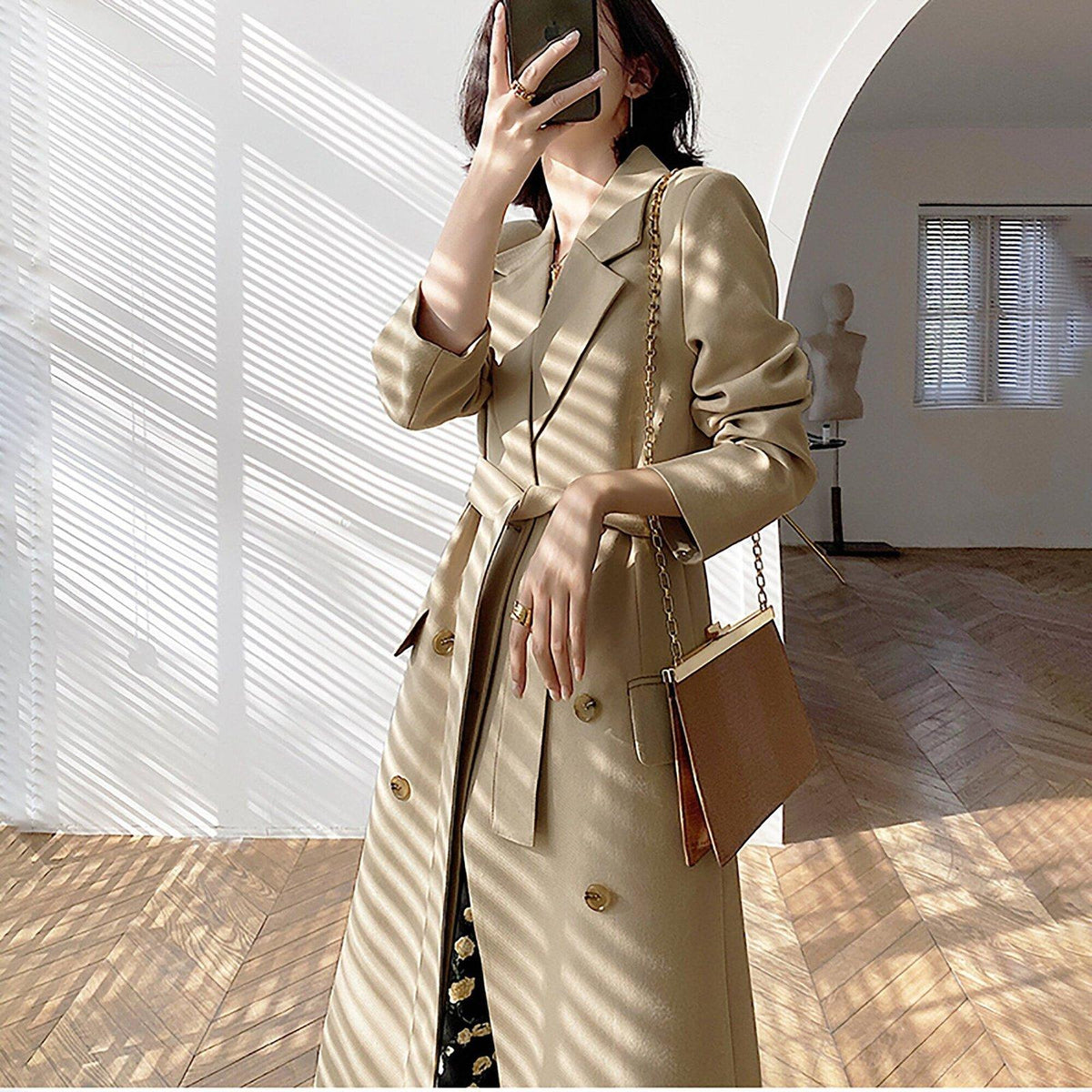 Women's Classic Khaki Cotton Blend Trench Coat Double Breasted