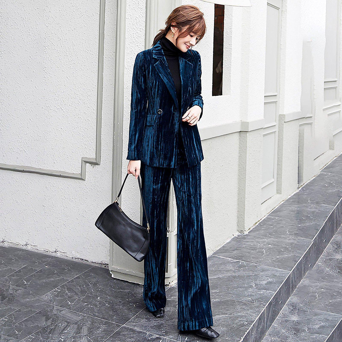 Carry Blue Pleasted Belted Blazer & Flare Pants Suit