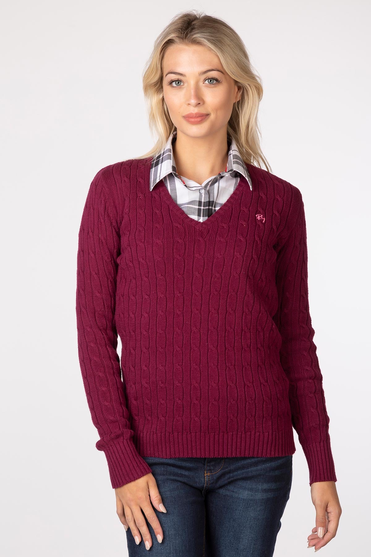 Ladies Cable Knit V Neck Jumper UK Rydale