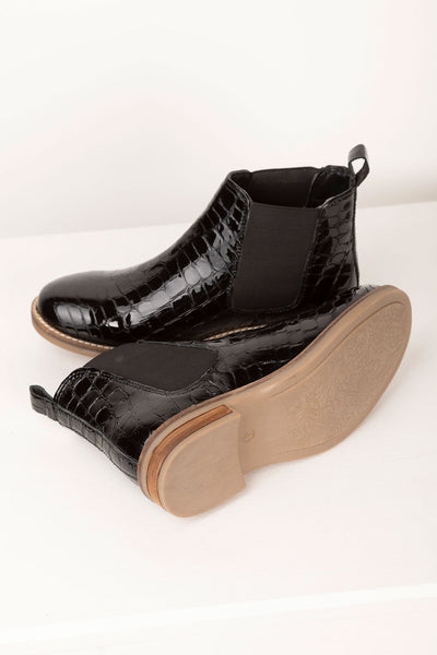 croc patent chelsea boots