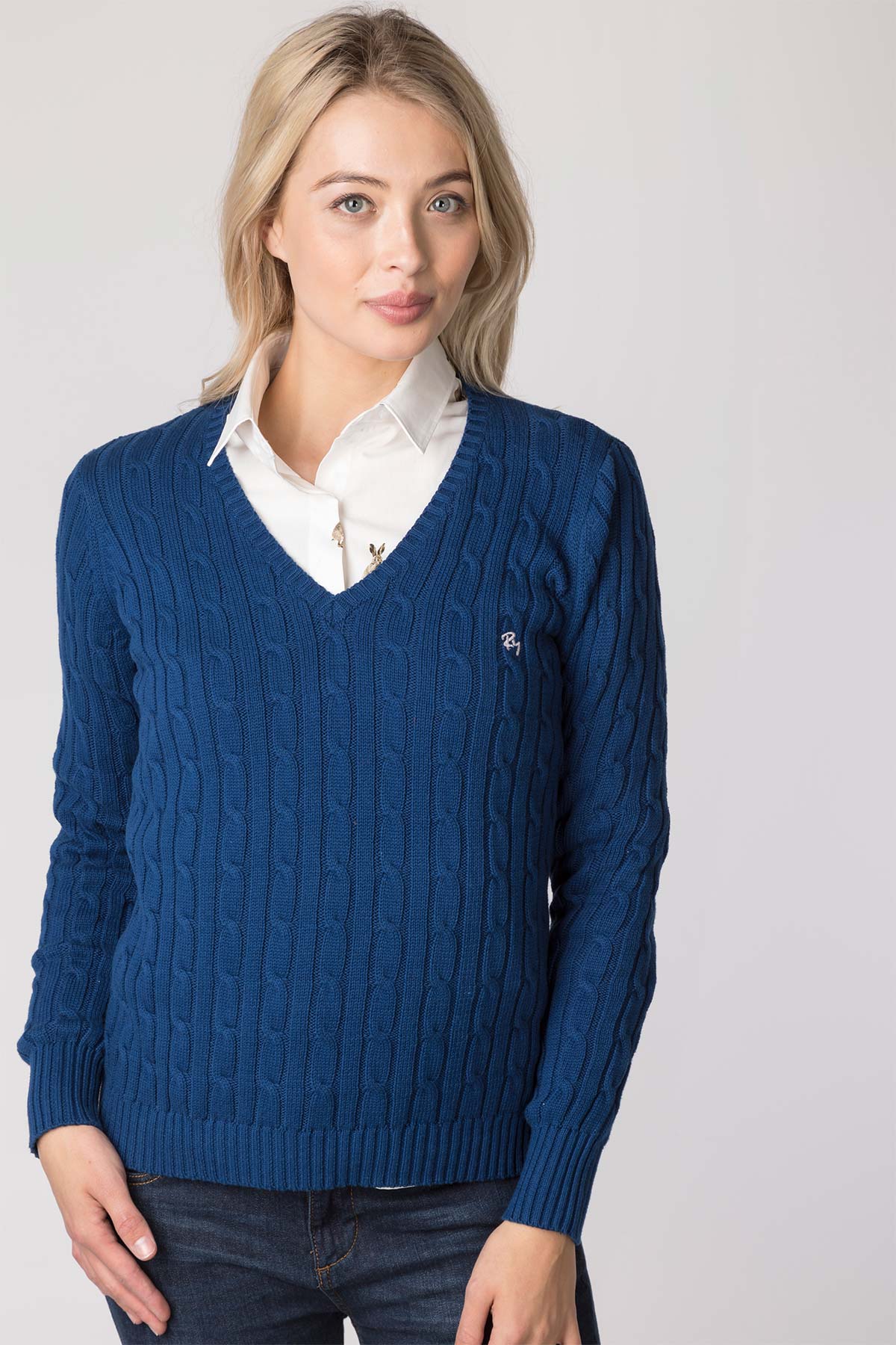 Ladies V Neck Cable Knit Jumpers UK Rydale