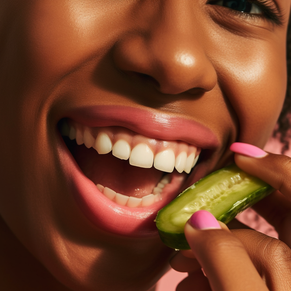 smiling woman eating a pickle 