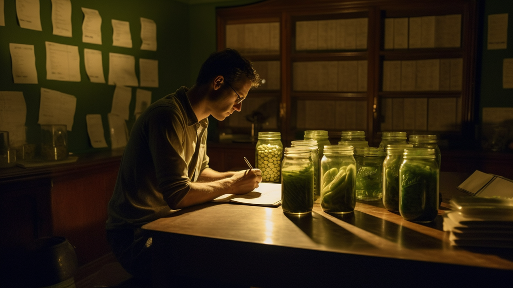 A man sitting in a dark room surrounded by pickle jars writing a pickle journal 