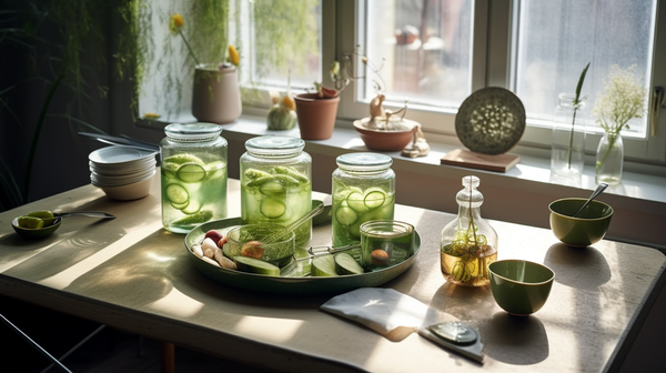 Pickles in jars on a windowsill in the sunshine 