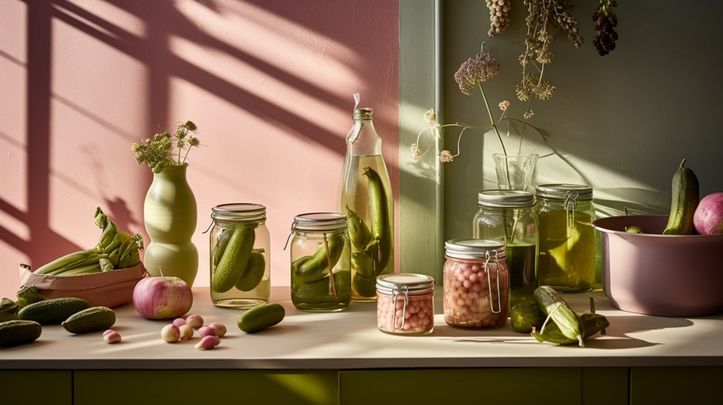 Jars of pickles in a room with a pink wall 