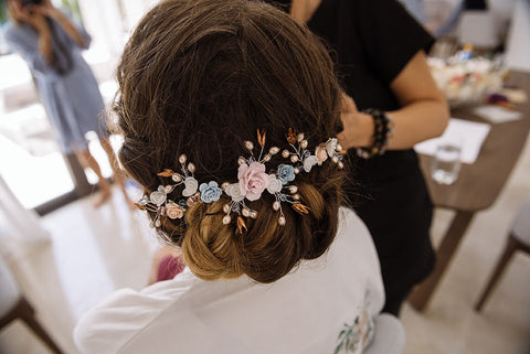 blush and blue flower hair vine for bride