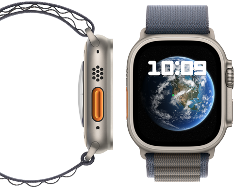 Front and side view of the new carbon neutral Apple Watch Ultra 2