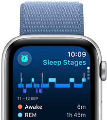 Sleep app screen displaying Sleep stages, minutes awake, and minutes in REM sleep.