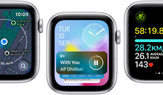 Front view of Apple Watch SE screens displaying various updated app screens.