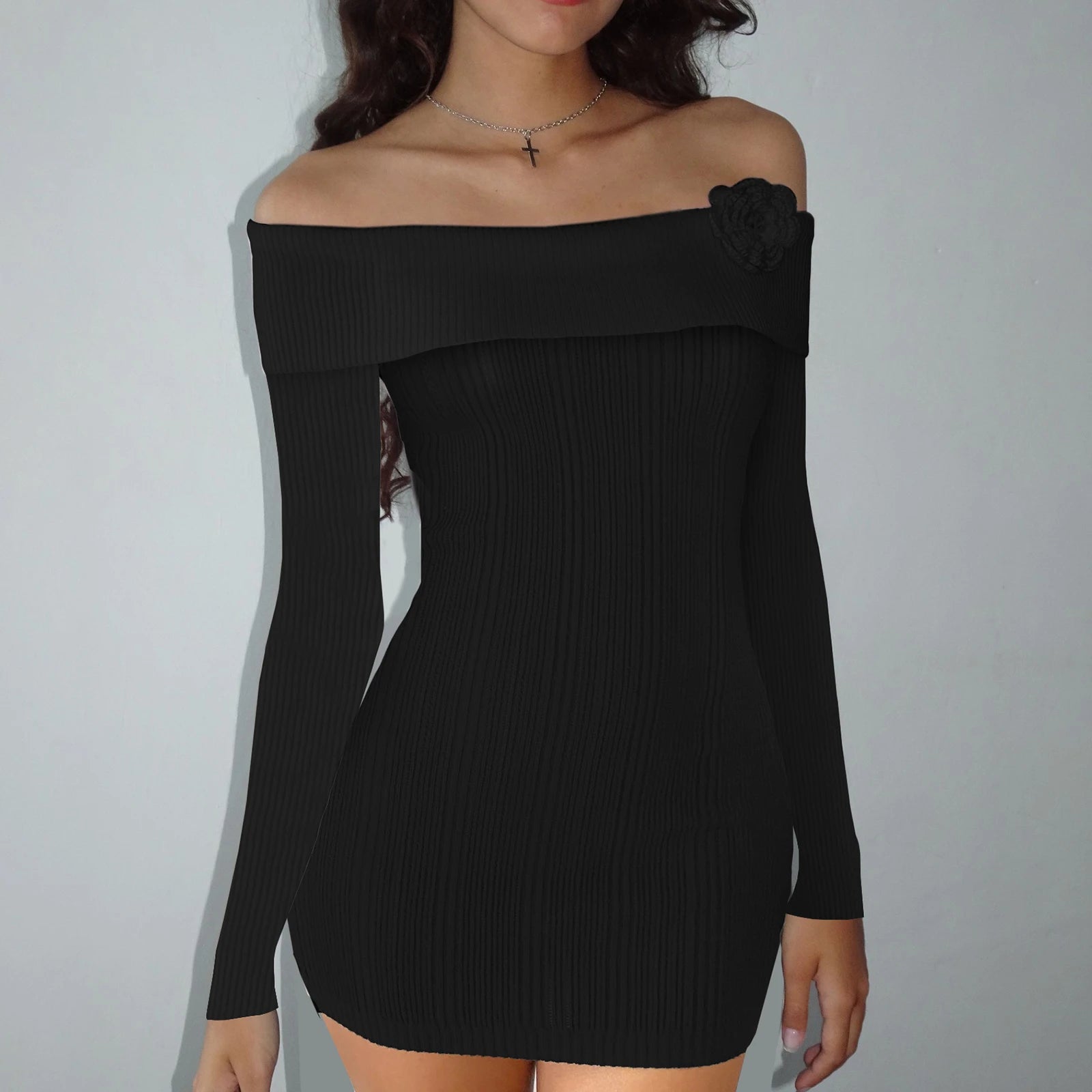 Off Shoulder Floral Sweater Dress Bodycon Mini Dress Aesthetic Clothes - Image 4