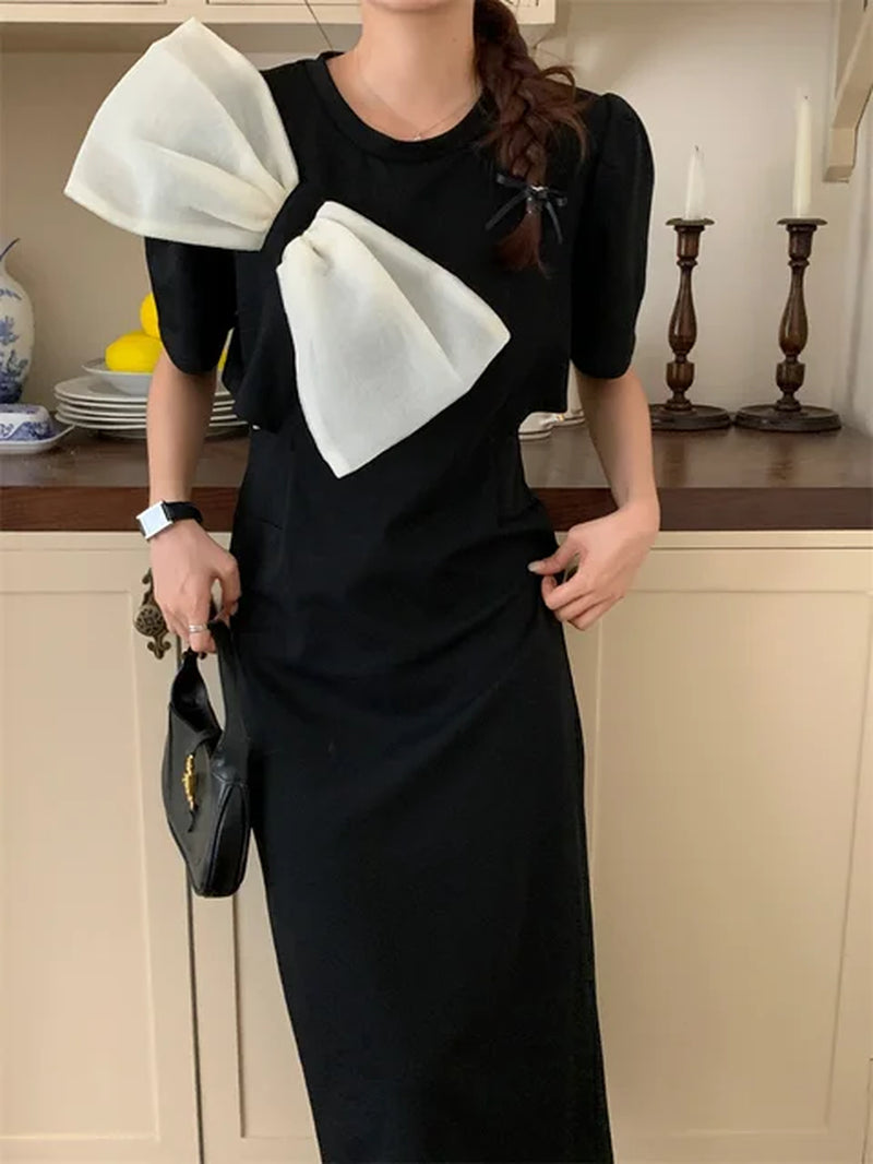 Black Long Bow Dress Vintage Half Sleeve Chic Slim
