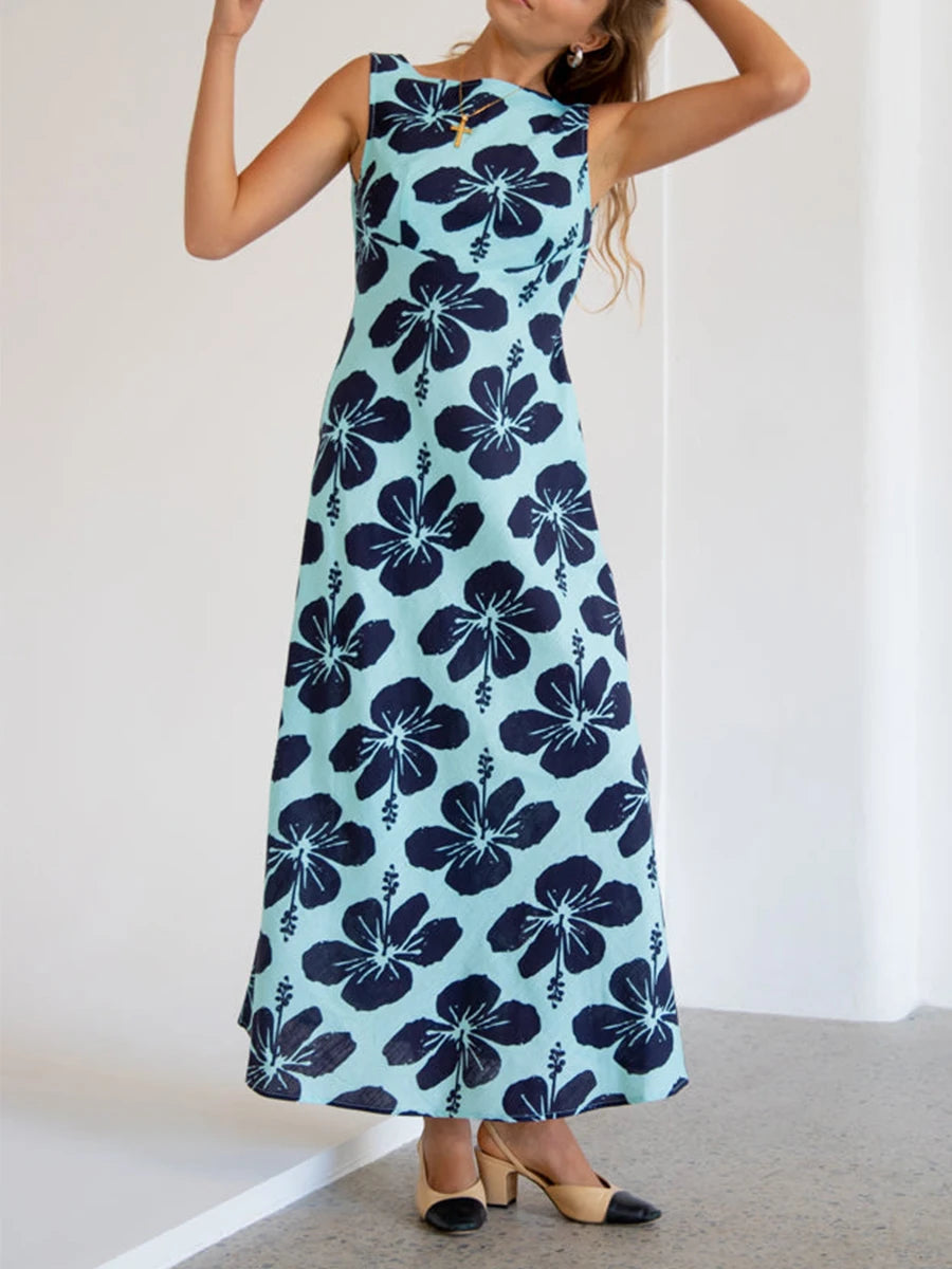 Summer Floral Print Sleeveless Long Dress Cocktail Dress - Image 3