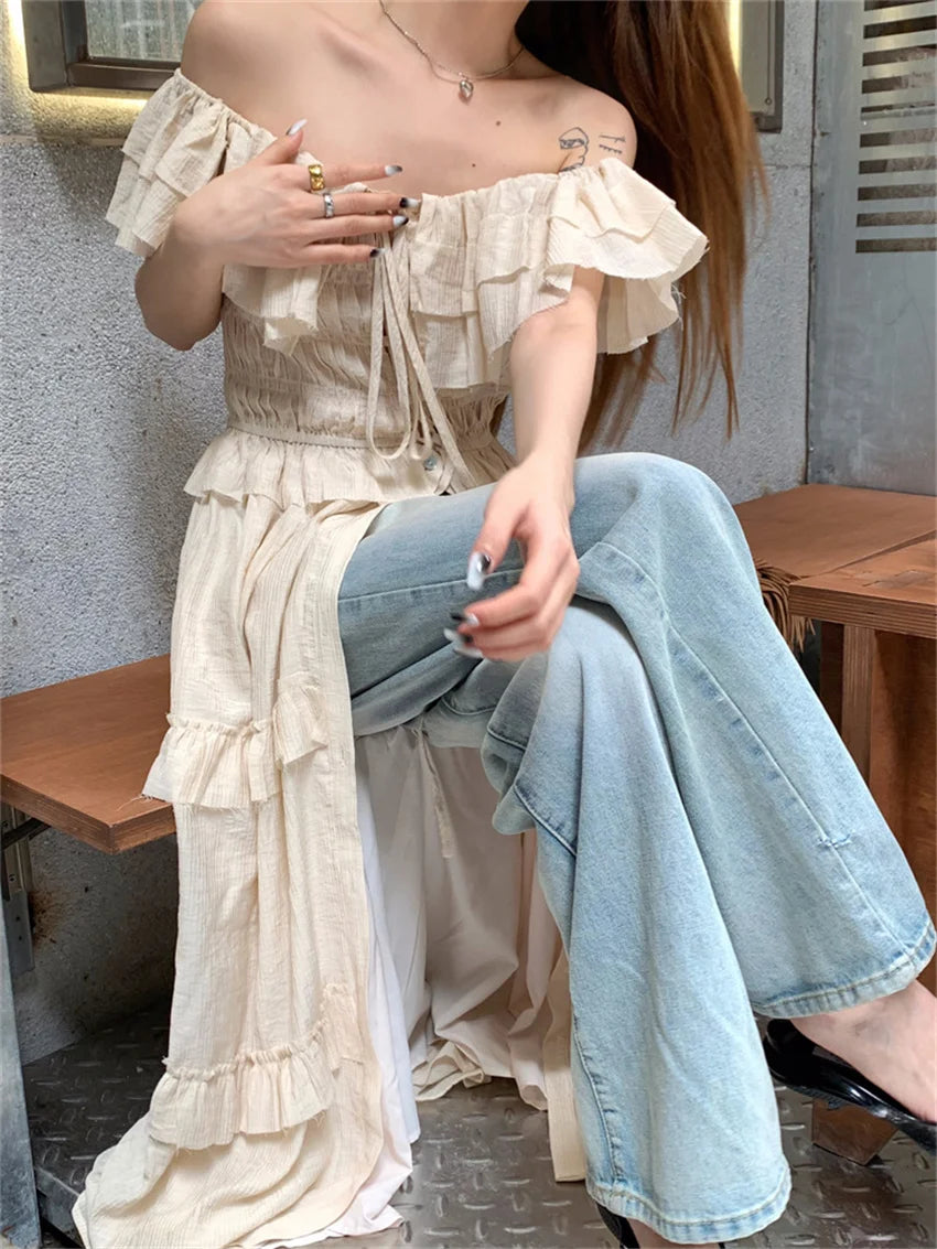 Stylish Ruffled Maxi Dress with Square Collar and High Waist - Image 5