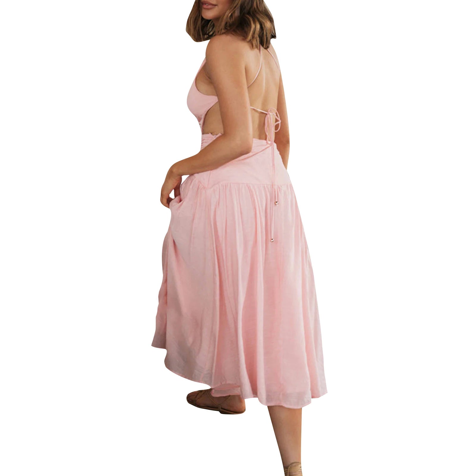 Floral Print Spaghetti Strap Backless Summer Midi Party Dress - Image 8