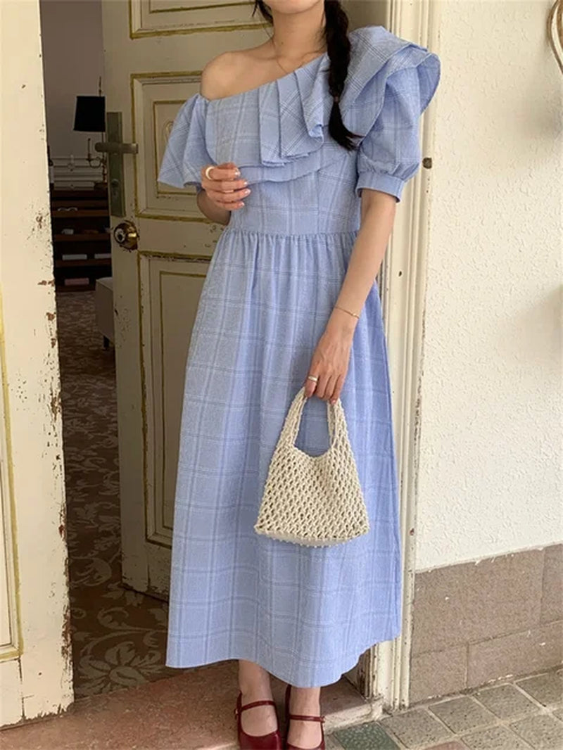 Stylish Plaid Off-Shoulder Long Skirt for Women's Summer Fashion