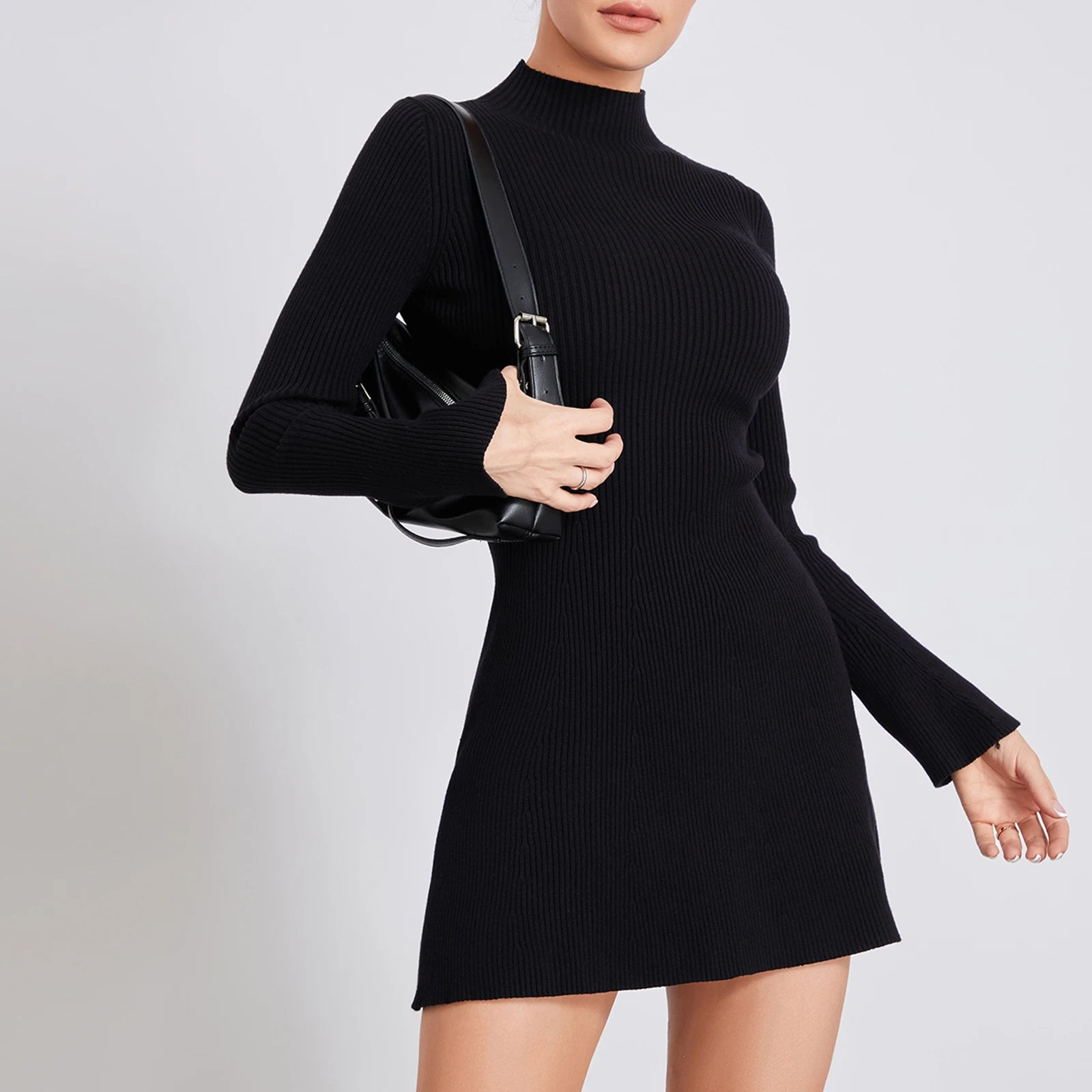 Solid Turtleneck Long Sleeve Women's Mini Dress Streetwear - Image 8