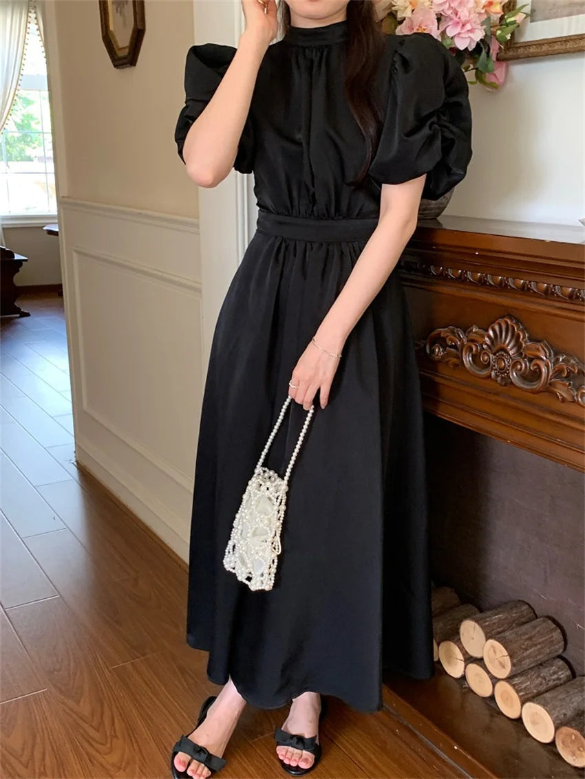 Stylish Hollow Out Maxi Dress with Puff Sleeves for Women - Image 2