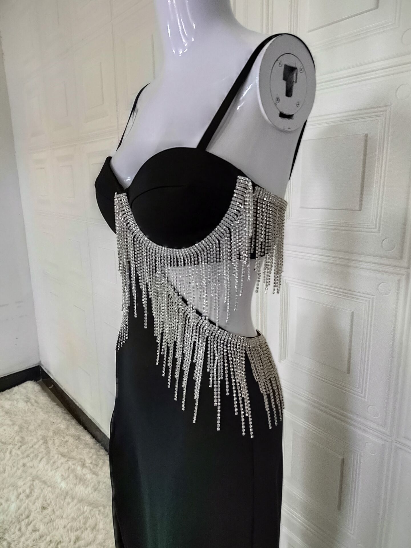 Black Cupped Cut-Out Rhinestone Tassel Maxi Dress - Image 15