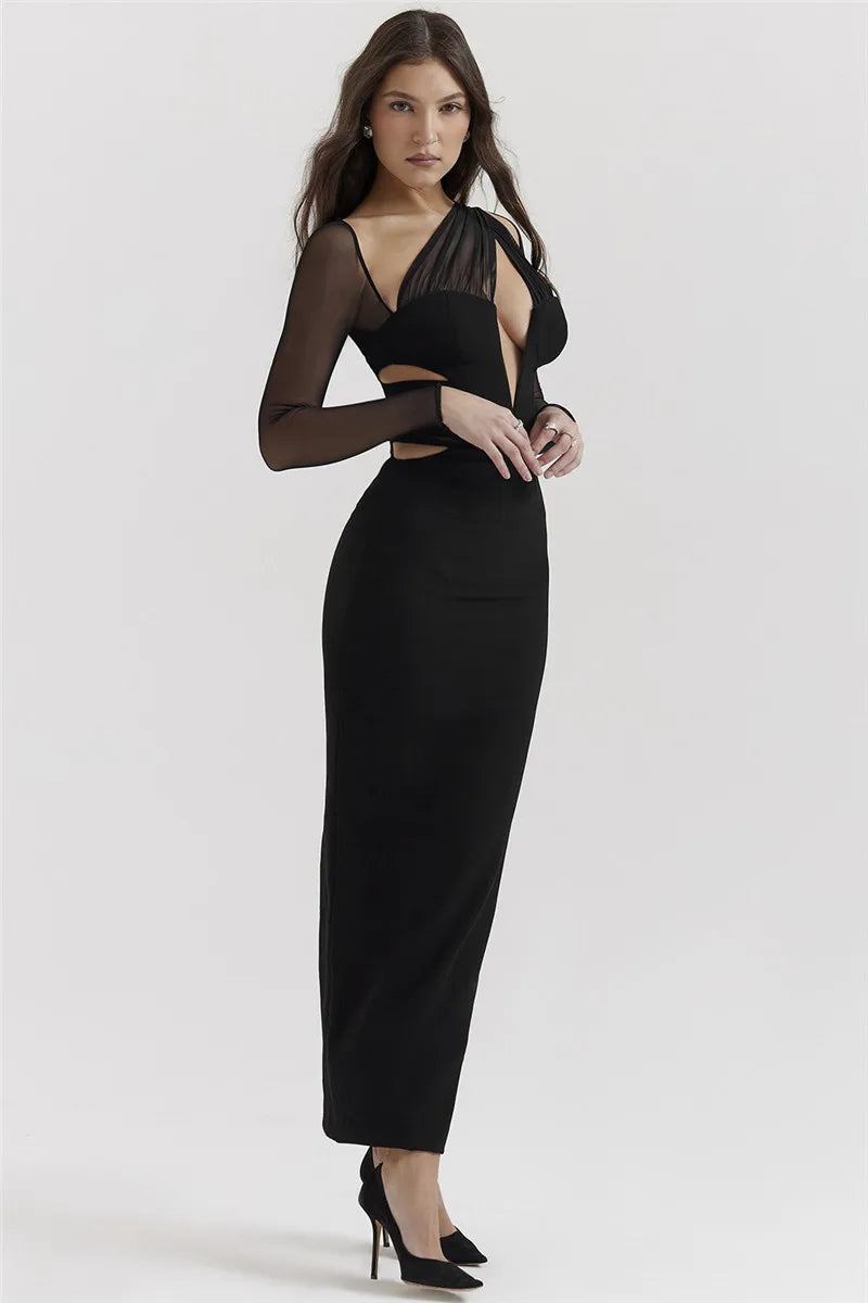 Mesh Long Sleeve Bodycon Deep Neck Maxi Dress - Image 5