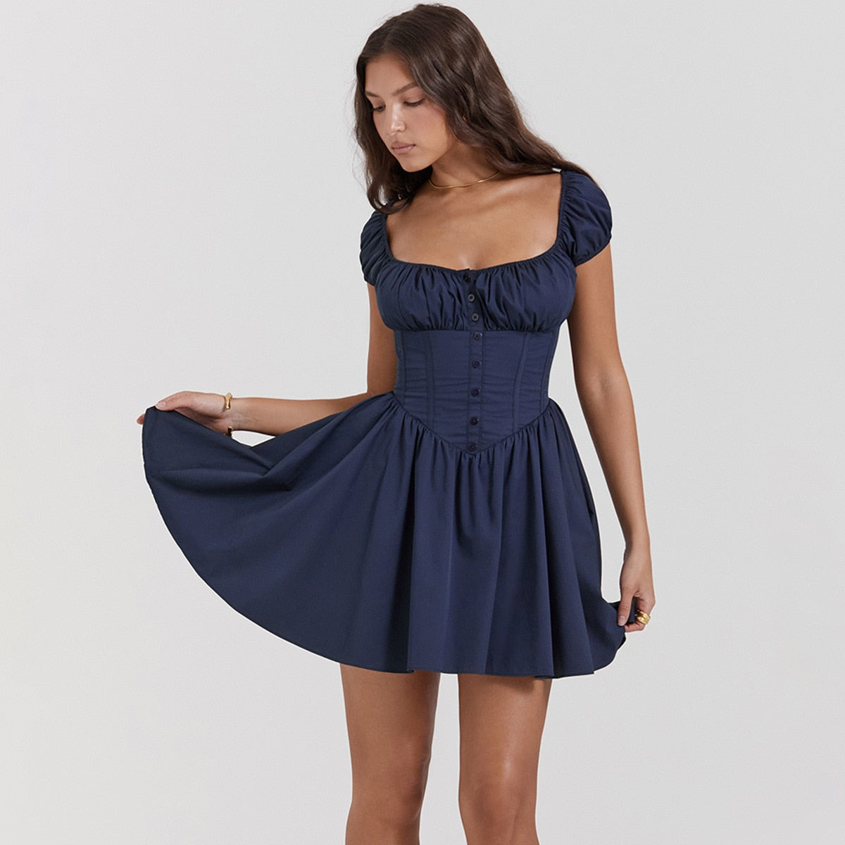 Blue Short Sleeve Buttoned Frill Mini Dress
