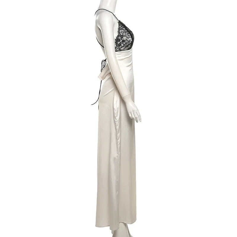 White Lace Up Patchwork V-neck Satin Midi Dress - Image 4