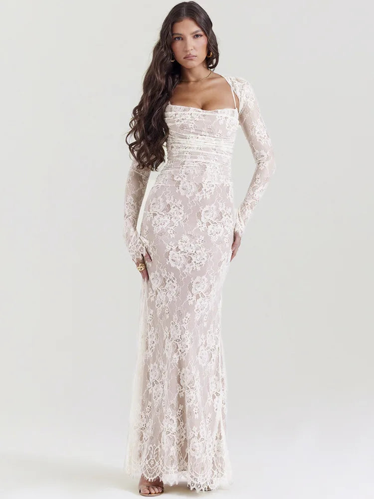 White Lace Print Long Sleeve Maxi Dress - Image 3