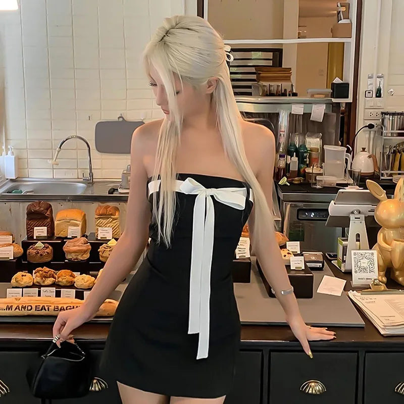Black Tube White Bow Mini Dress - Image 10