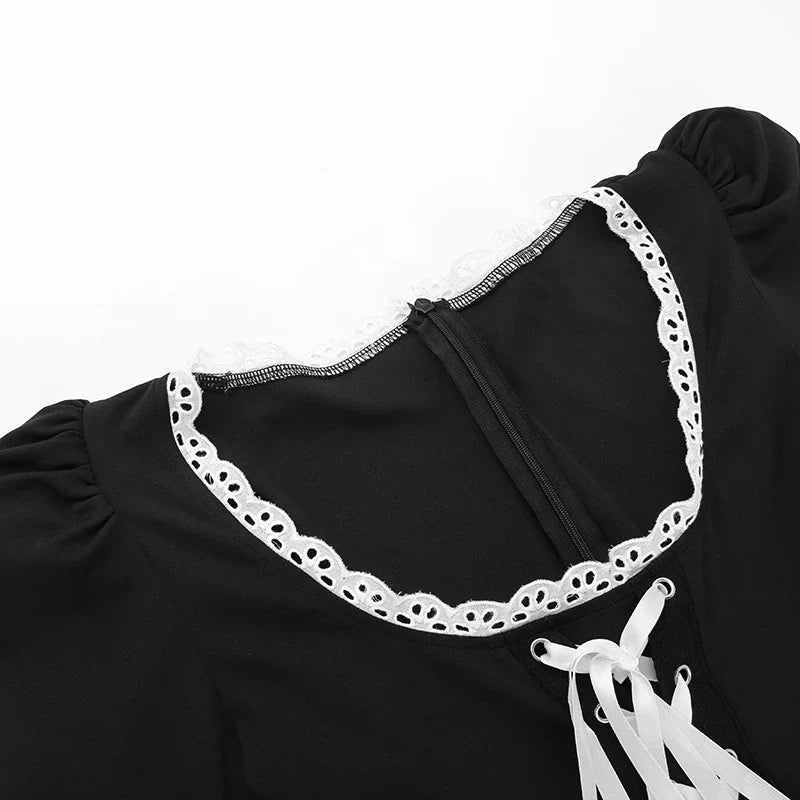 Lace Tie-Up Black Puff Long Sleeve Mini Dress - Image 16