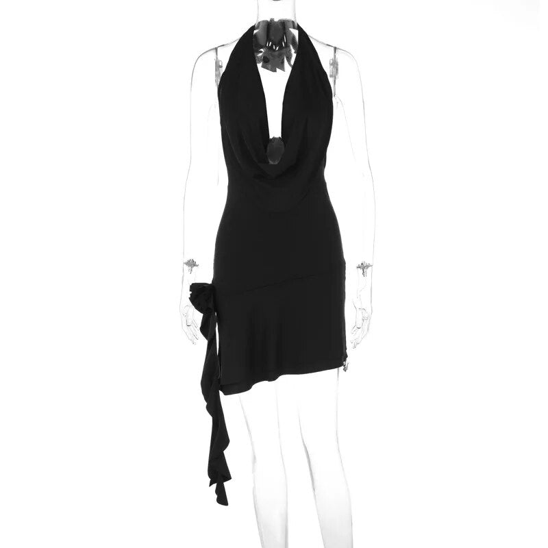 Floral Applique Ruffle Deep Neck Halter Mini Dress - Image 14