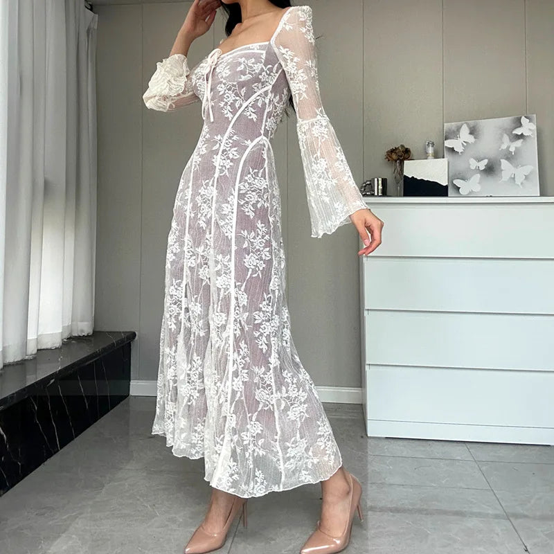 White Lace Long Sleeve Midi Dress - Image 8