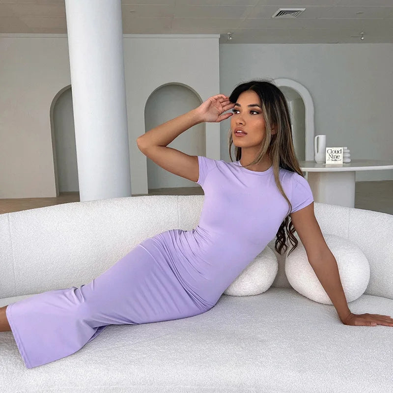 Crewneck Solid Short Sleeve Bodycon Long Dress - Image 4