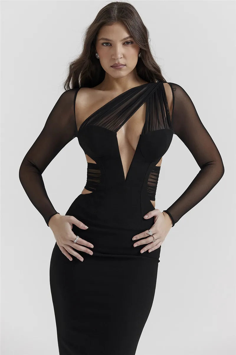 Mesh Long Sleeve Bodycon Deep Neck Maxi Dress - Image 7