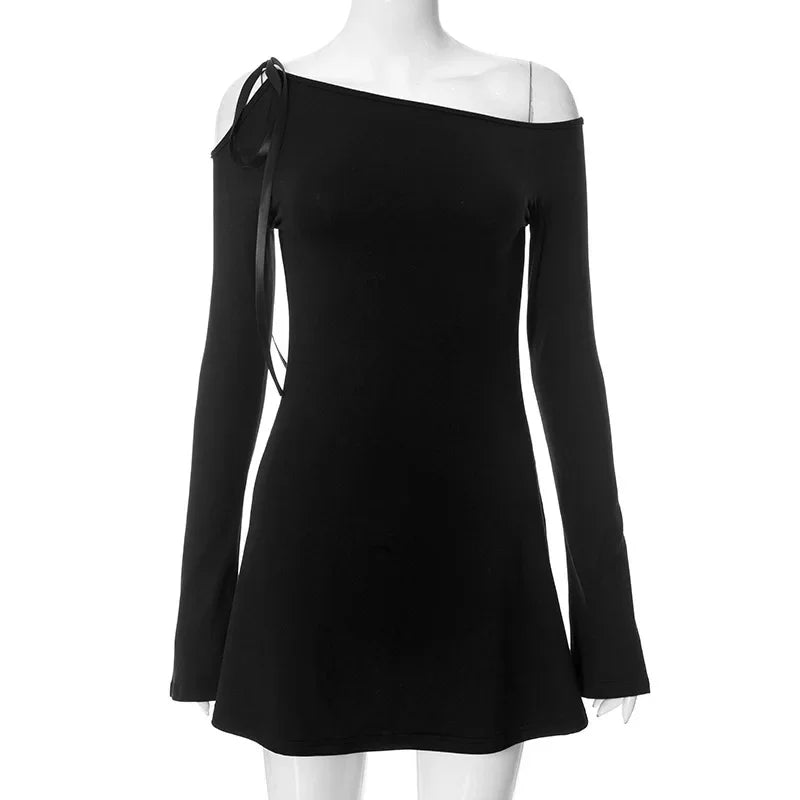 Long Sleeve One Shoulder Ribbon Tie-Up Mini Dress - Image 2