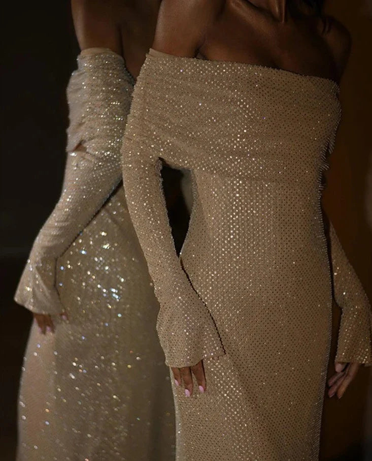 Sequin Long Sleeve Off-Shoulder Maxi Dress - Image 5