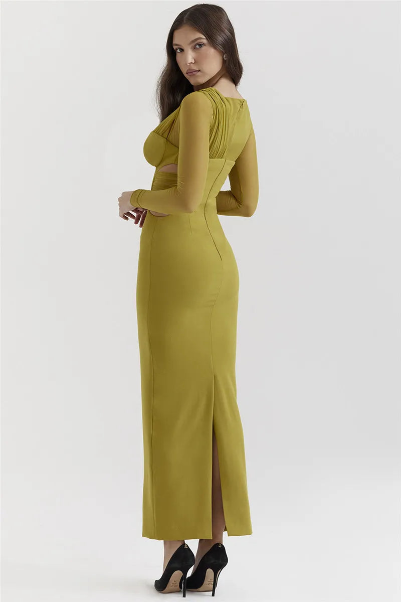 Mesh Long Sleeve Bodycon Deep Neck Maxi Dress - Image 13
