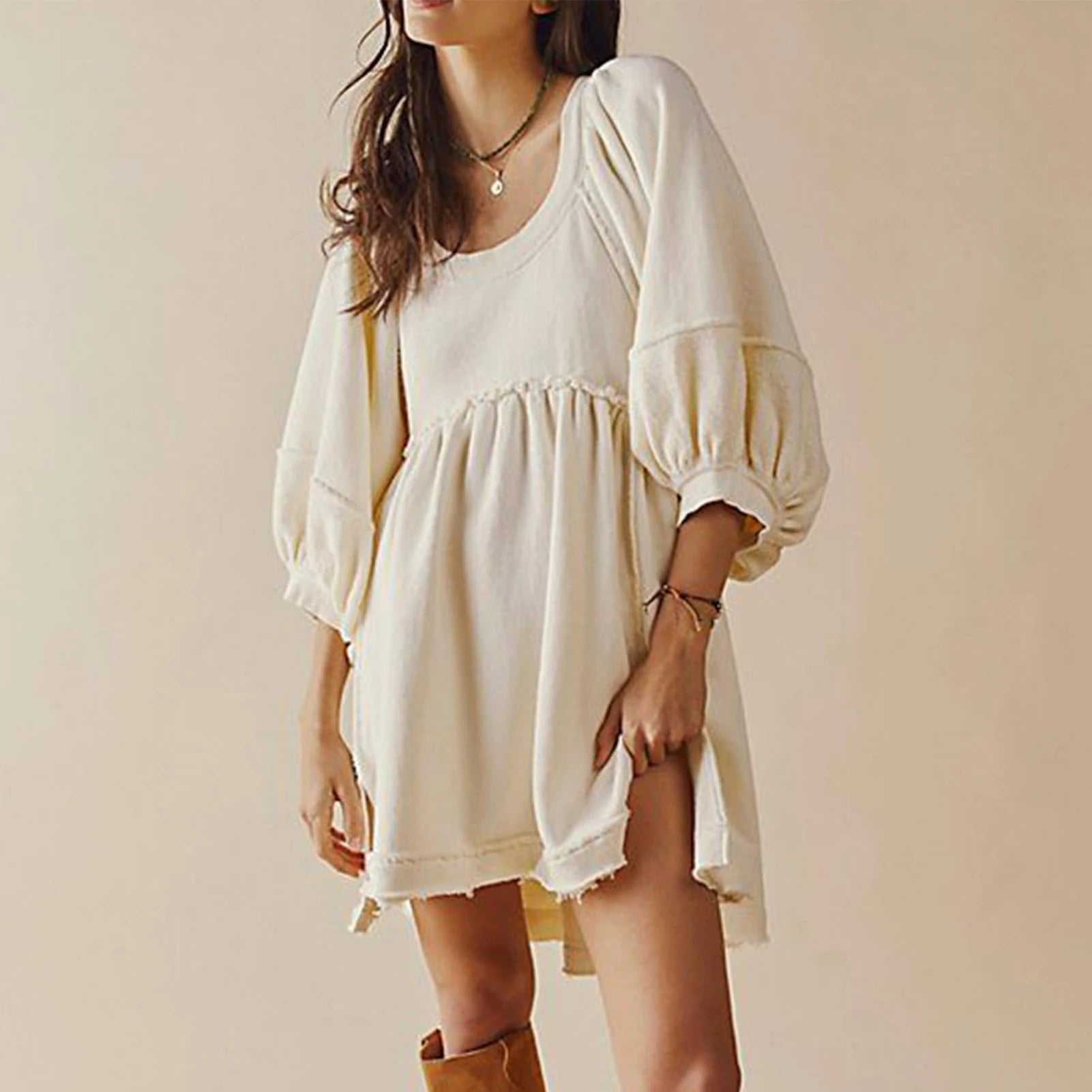 Quilted Lantern Sleeve A-Line Dress, Casual Streetwear for Women - Image 4