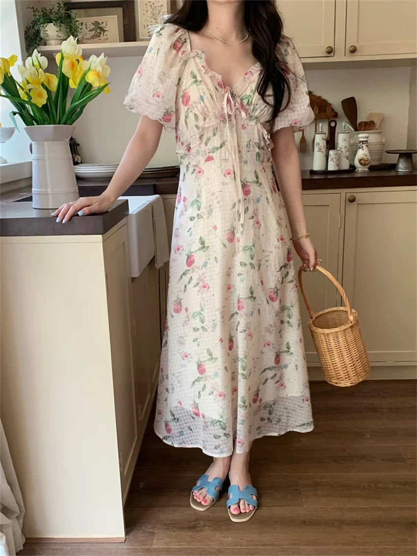 Vintage Floral Maxi Dress for Women, Deep V-Neck Ruffles - Image 4