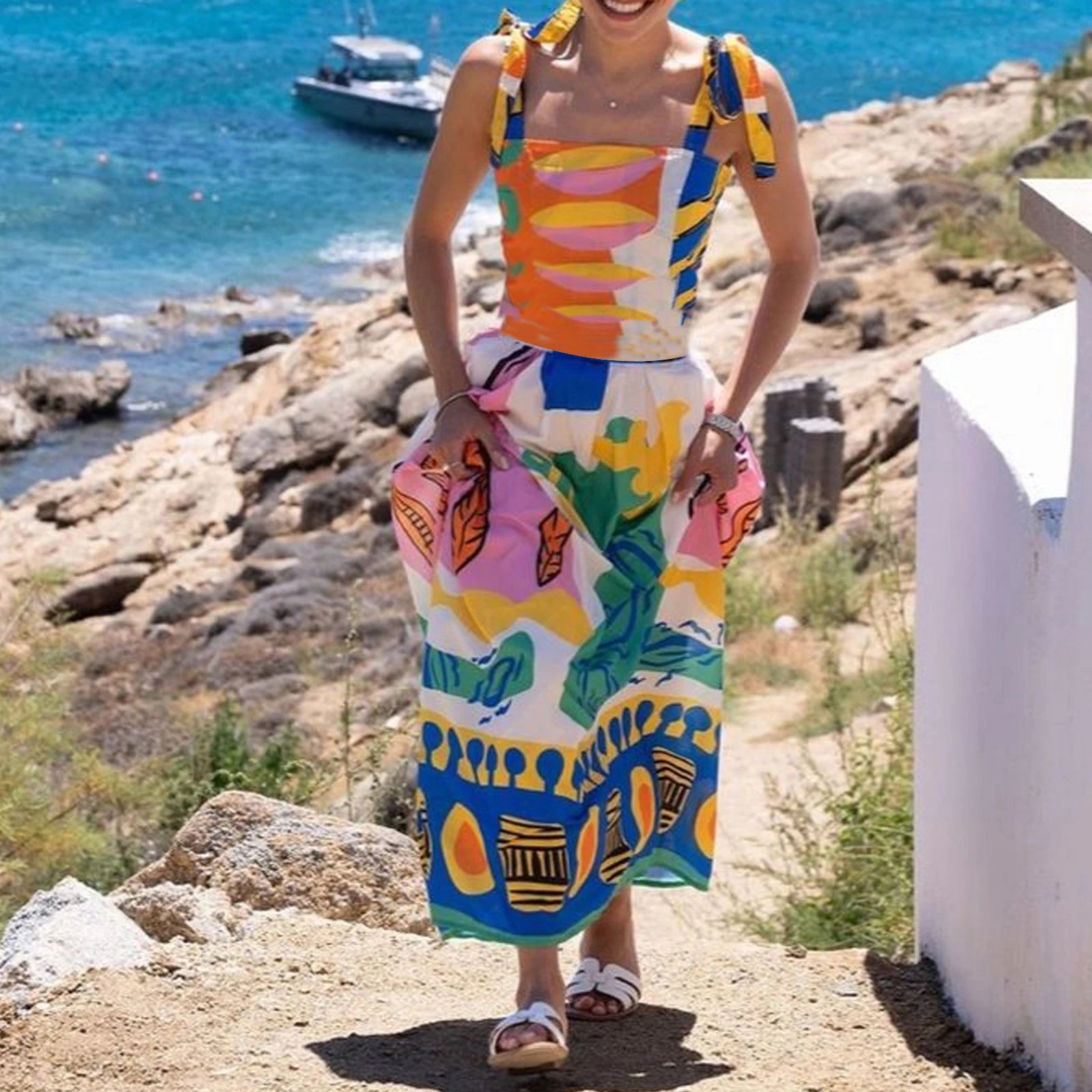 Boho Summer Dress: Sleeveless Flowy Beach Style with Shoulder Ties - Image 6
