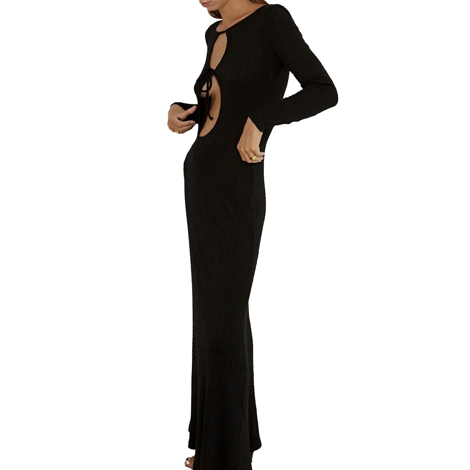 Elegant Vintage Long Sleeve Bohemian Dress with Tie-Up Front - Image 8